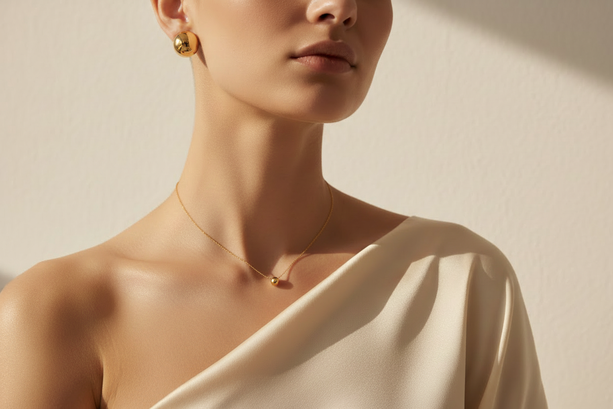 an elegant model wearing simple gold studs, not showing the full face and also only top half o f the body